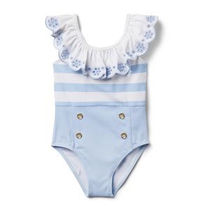 Janie and Jack Swimsuit Ruffle Embroidered Buttons Blue Nautical